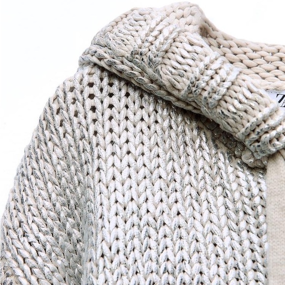 ZARA COTTON ZIP UP CARDIGAN SWEATER with HOOD RETRO MODERN CHIC Beige Silver L - Picture 10 of 11